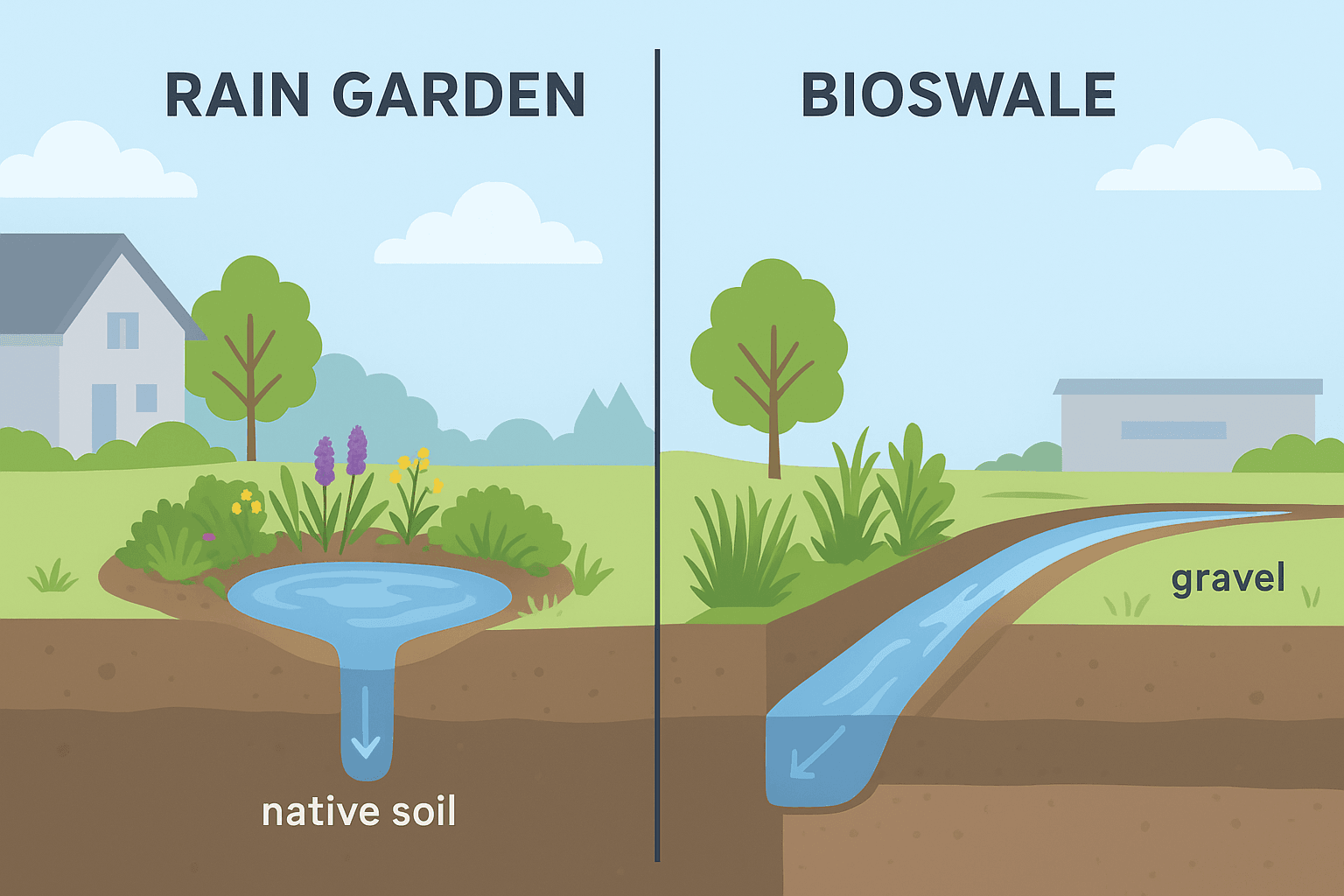 Rain garden vs bioswale